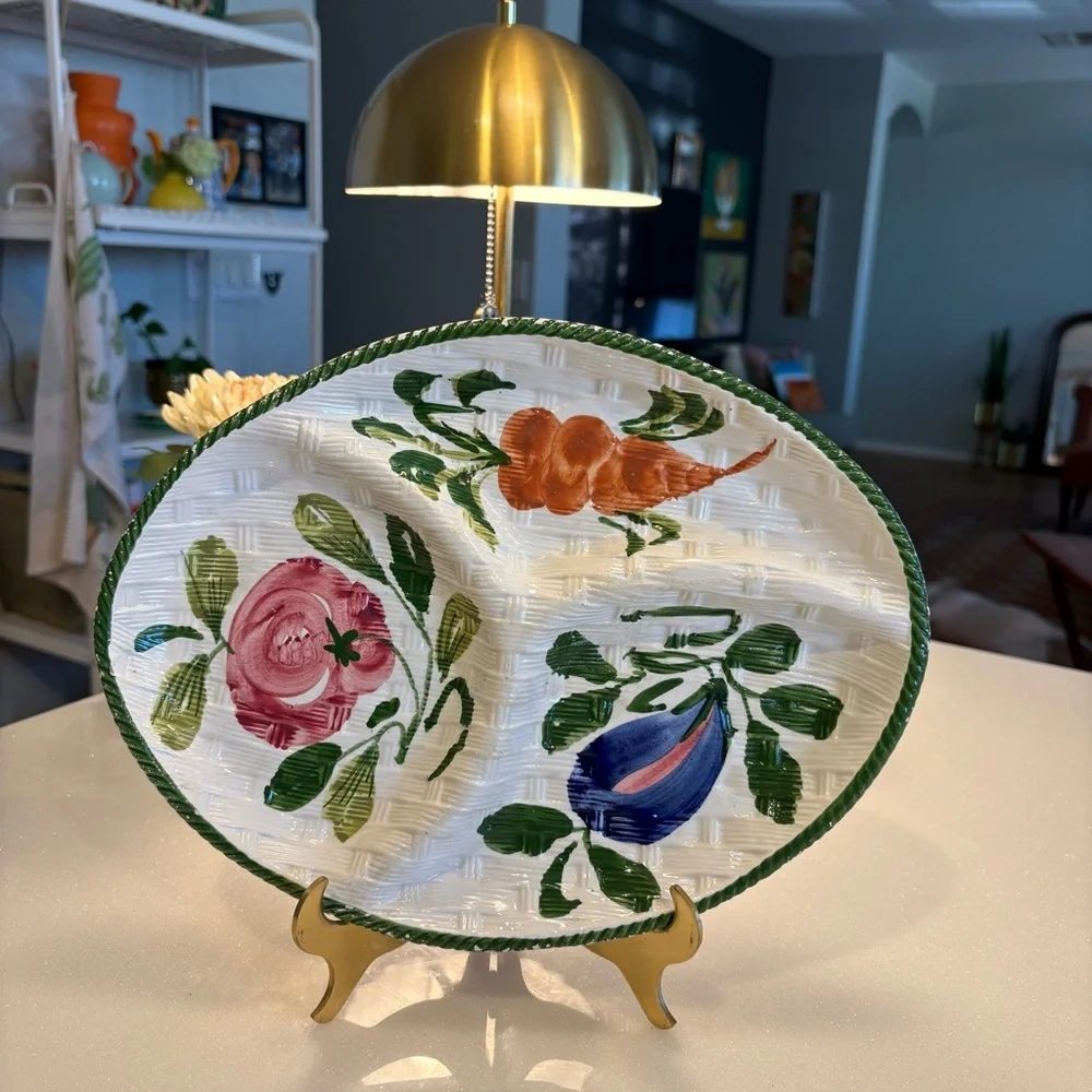 Hand-Painted Italy Floral Ceramic Divided Basket Weave Pattern Platter